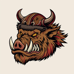 Fierce warthog warrior head with horned helmet, aggressive boar vector illustration for merchandise, Angry wild boar viking mascot logo illustration for esport gaming or t-shirt design vector © ZUHRI