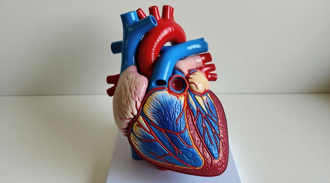 Red and blue human heart anatomy model on a plain white studio background. Detailed model shows chambers, arteries, veins, and muscle tissue for medical and science education.