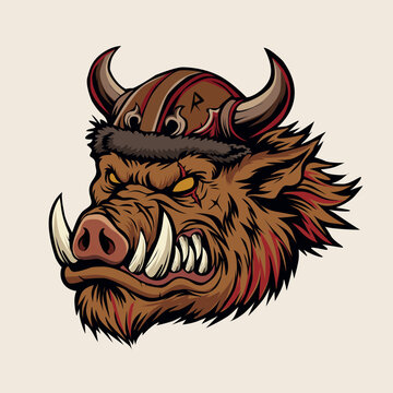 Fierce warthog warrior head with horned helmet, aggressive boar vector illustration for merchandise, Angry wild boar viking mascot logo illustration for esport gaming or t-shirt design vector