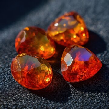 Polished fire opal stones arranged on black fabric with dramatic lighting and crystal facets