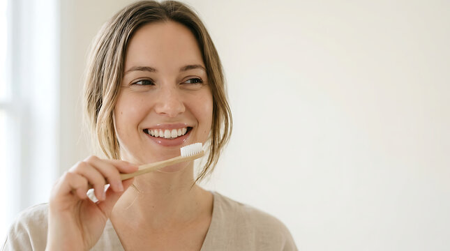 Smiling young woman holding a wooden toothbrush. Dental care and oral hygiene concept