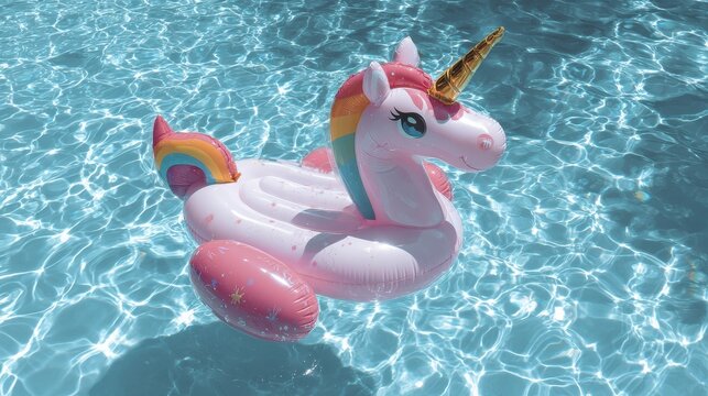 Playful unicorn pool float drifting in a sparkling blue swimming pool with sun reflections