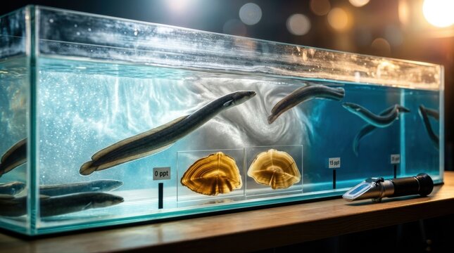Transparent river-to-sea gradient in a glass tank with European eels, amber otolith cross sections, salinity markers, and a refractometer beside blue freshwater and silver-gray brackish layers