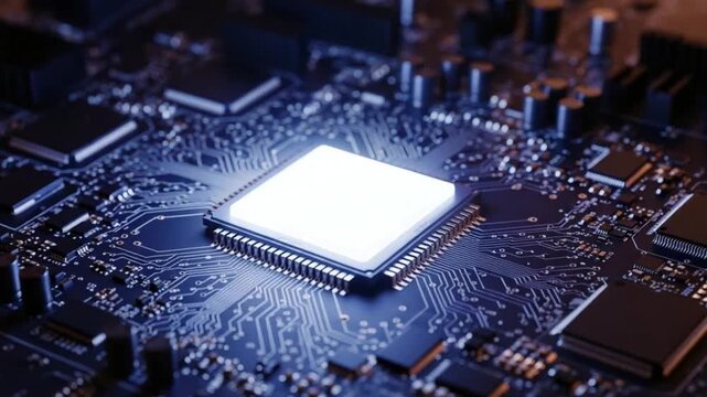 Closeup of a glowing central processing unit on a computer motherboard with intricate circuitry