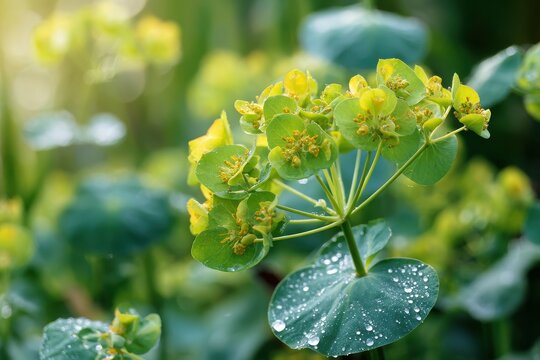 Round-leaved hare's ear Bupleurum rotundifolium in a soft daylight garden scene