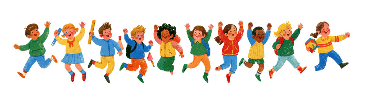 Cartoon kids jumping and smiling in a row on transparent background