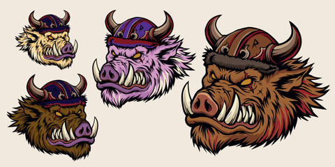 Fierce warthog warrior head with horned helmet, aggressive boar vector illustration for merchandise, Angry wild boar viking mascot logo illustration for esport gaming or t-shirt design vector © ZUHRI
