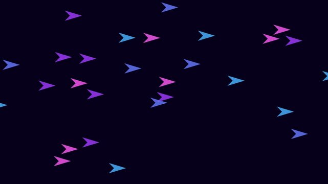 Abstract neon arrow motion background: dynamic blue and purple cursor particles flowing on dark backdrop, animation 4k