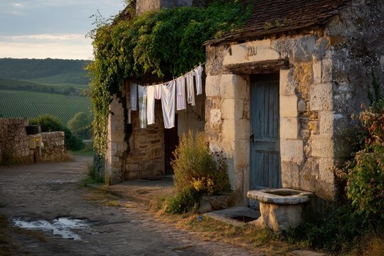 Old washhouse in Chablis: stone walls, vines and warm light