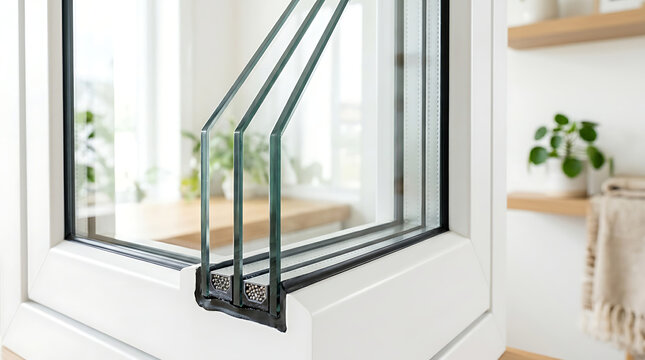 Triple pane insulated window glass cross section. Energy efficient glazing in white frame