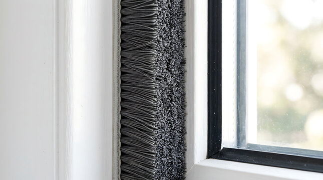 Close up of a grey brush seal on a white window frame. Weather stripping for draft protection
