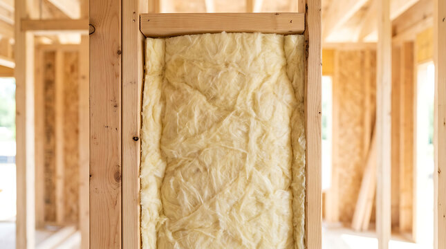Mineral wool insulation fitted between wooden studs. Thermal insulation in house wall frame