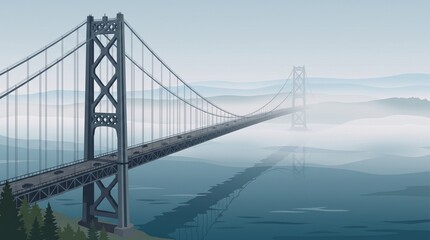 Fototapeta premium Vector illustration of a long suspension bridge spanning across a foggy bay with distant hills
