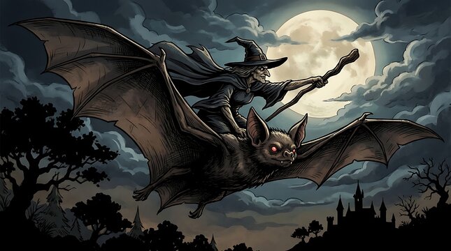 Witch flying on giant bat under full moon with wand
