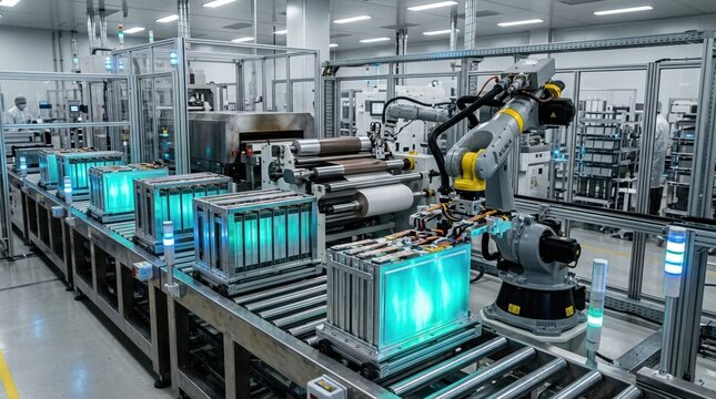 Prismatic sodium-ion battery pack glowing inside a clean factory line, with robotic arms, electrode coating rollers, and stacked cell modules moving along a conveyor. Metallic busbars, safety