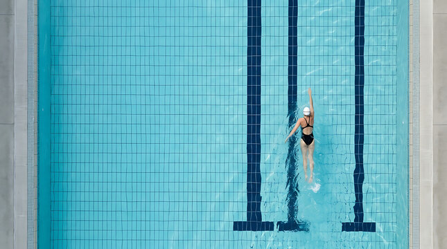 Top view of a swimmer in a clear blue pool. Overhead shot of female athlete swimming laps in tiled pool. Summer fitness and recreation concept