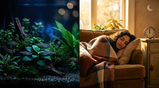 Split-scene illustration of zebrafish resting among aquarium plants under soft blue light beside a young adult napping on a couch with a blanket, an analog clock at midday, and crescent moon icons to