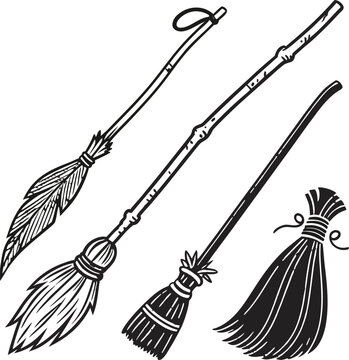 Vintage broom icons, black and white brooms, witchcraft cleaning tools, 3 broomsticks