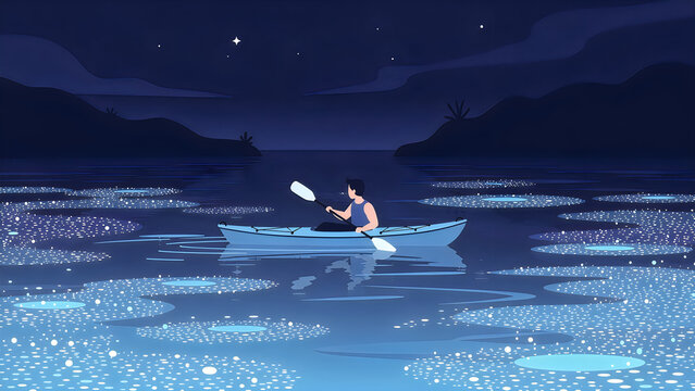Person Kayaking on Bioluminescent Water at Night