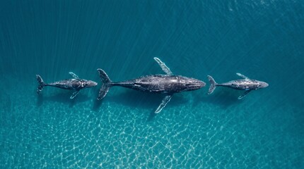 Obraz premium three humpback whales swimming in a line, clear blue ocean water with sunlight reflection, aerial photo of serene deep blue sea