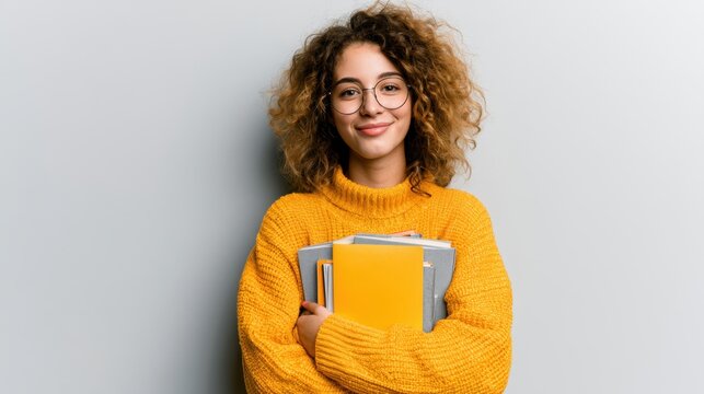 Young student woman in yellow sweater holding books portrait confident college education and study concept