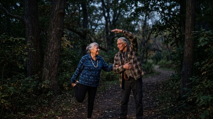 Fototapeta premium Elderly Indigenous Couple Exercising Together on a Forest Path at Dusk