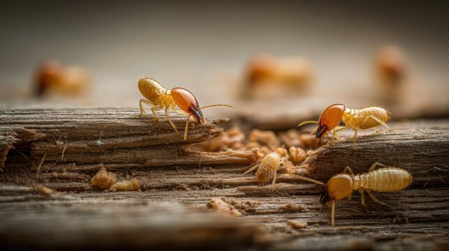 Natural light close-up showing termites eating dry wood and frass particles