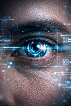 Close Up View of Human Eye with Biometric Futuristic Scanning Interface HUD