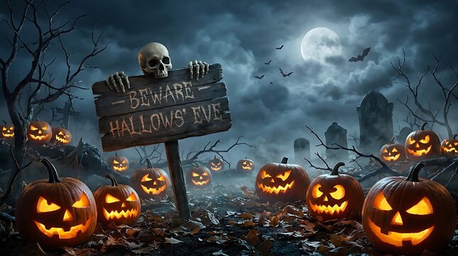 Spooky Halloween scene with jack-o-lanterns and skull warning sign