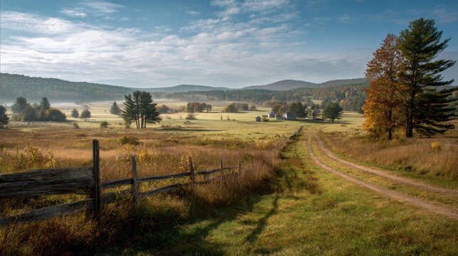 Open vacant land in rural New England with fields, fences and distant hills at dawn