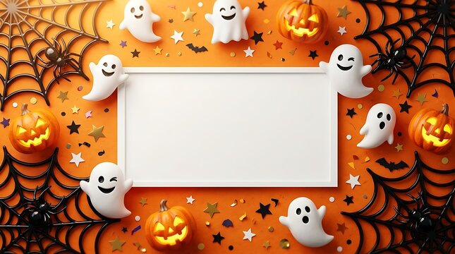 Halloween themed frame with ghosts, pumpkins, spiders and confetti