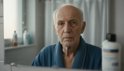 Fototapeta premium Elderly man in a bathrobe gazing thoughtfully at his reflection in a bathroom mirror, natural light illuminating the scene