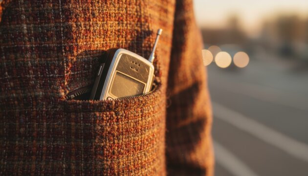 Close-up of a vintage mobile phone tucked in a textured jacket pocket during sunset with blurred background lights