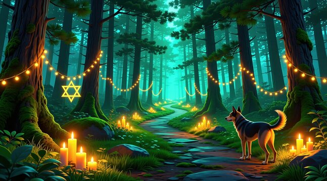 A dog walks on a forest path lit by candles and star of David lights. Decorative string lights hang between trees, creating a magical, festive ambiance for a holiday celebration.