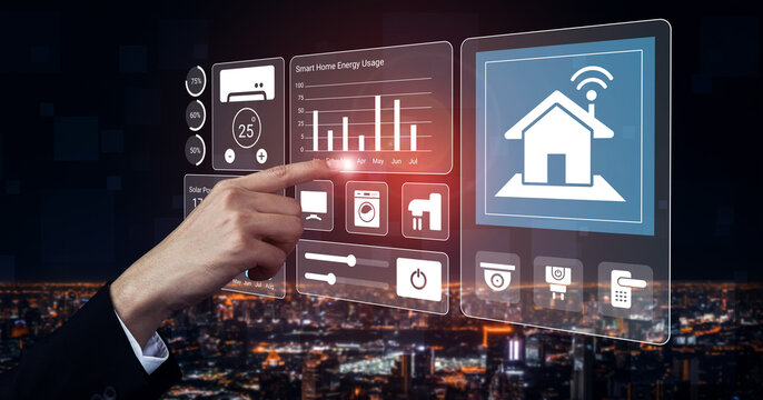Explore a futuristic smart home interface showcasing energy usage and data analytics with a user-friendly touchscreen in a vibrant night cityscape setting. Gantry