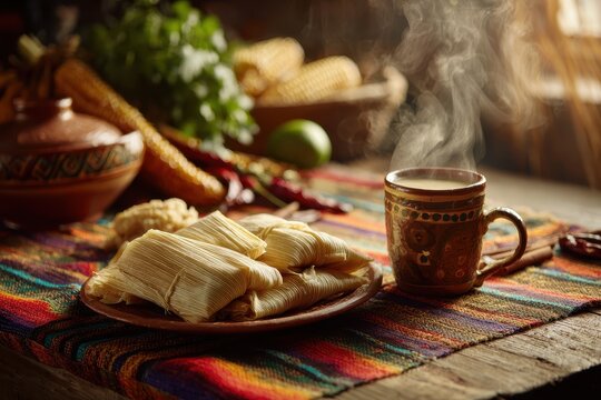 Tamales envueltos en hojas de ma&Atilde;&shy;z y atole caliente en entorno culinario mexicano