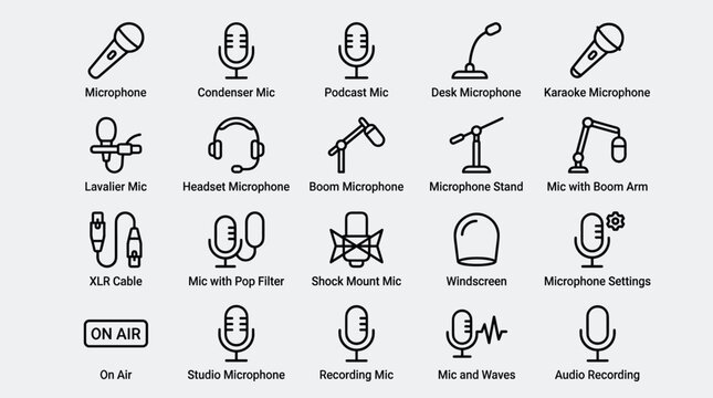 Studio microphone and podcast equipment line icons featuring boom arms shock mounts windscreens and on air signs for professional audio recording and media work.