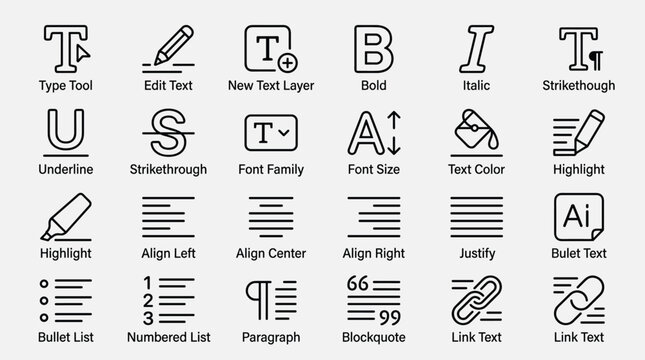 Text editing tools icon set for typography formatting and graphic design software interface including alignment fonts and styling options in thin line style.