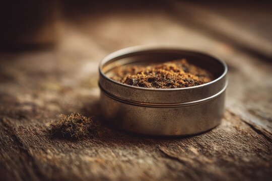 Macro shot of a moist snuff tin with tobacco on a wooden surface, warm lighting