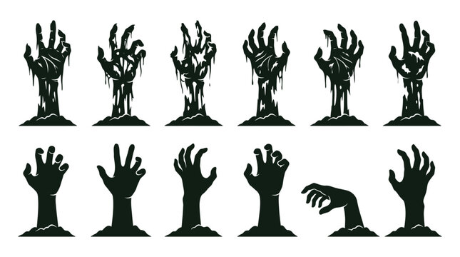 Detailed collection of dark zombie hands emerging from earth in this professional vector graphic illustration