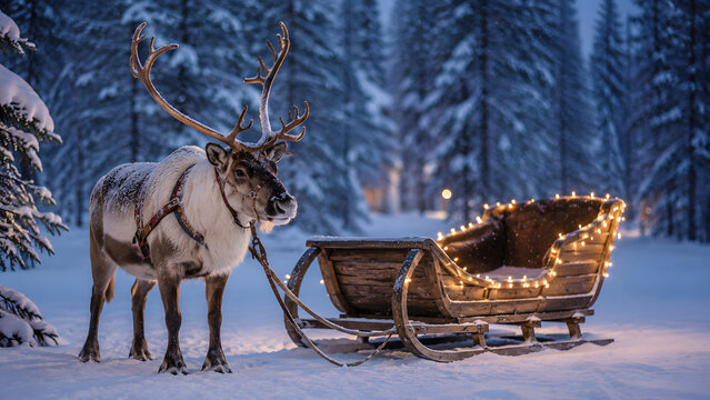 Reindeer in harness standing near a glowing wooden sleigh on a snowy forest road during blue hour