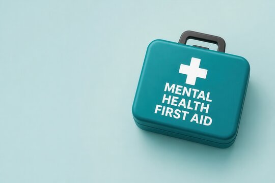 Mental health first aid kit on a clean light blue background for care and support concepts