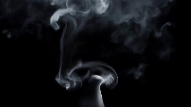 Wispy white smoke curls and rises smoothly against a solid black background creating abstract shifting shapes. Concept of mystery and relaxation