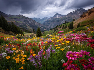 Obraz premium Colorful wildflowers blooming in mountain valley under dramatic clouds