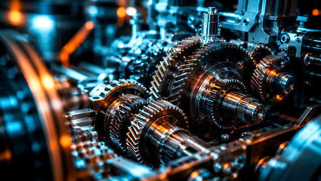 Industrial steel gears and mechanical engine parts, complex metallic machinery with blue and orange lighting, heavy duty engineering equipment isolated on White Background ai