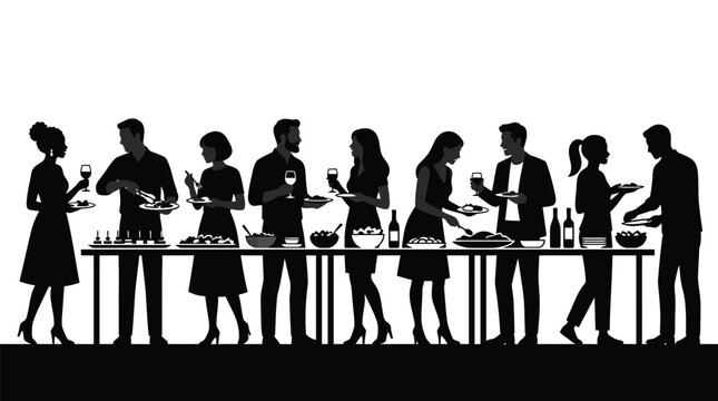 Black silhouette vector illustration of diverse people socializing and eating together at a banquet table
