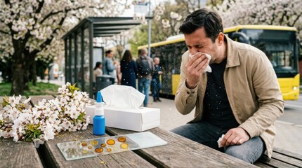Fototapeta premium Close-up of a microscope slide with pollen grains beside a nasal spray bottle, disposable tissue box, and blooming tree branch. A man in a light jacket sneezes near a bus stop bench, capturing