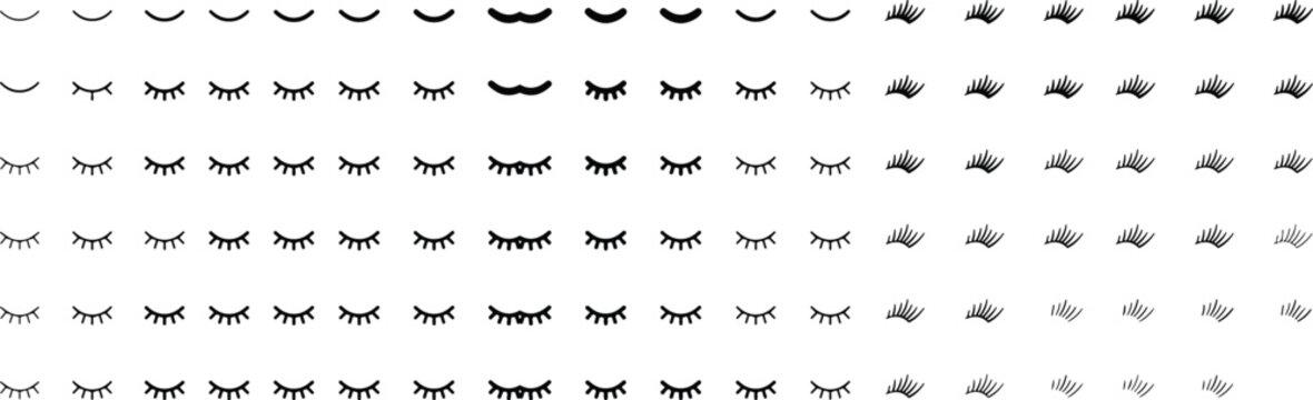 A collection of simple black line drawings of closed eyelashes and wispy eyelash tufts arranged in a grid pattern across a clean white background
