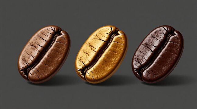 Three coffee beans with different roast levels shown in macro. One is light golden, another medium brown, and the third dark brown. They have rich textures and detailed surfaces.