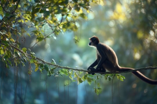 Wildlife portrait of Geoffroy's spider monkey in dense rainforest, perched among emerald foliage with sunlit dappled light